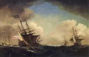 A squadron of English ships beating to windward in a gale